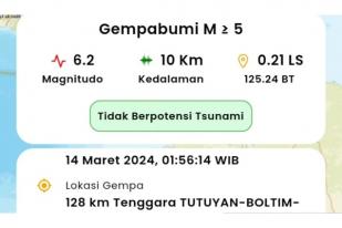 Gempa Magnitudo 6,2 di Sulut Tidak Berpotensi Tsunami